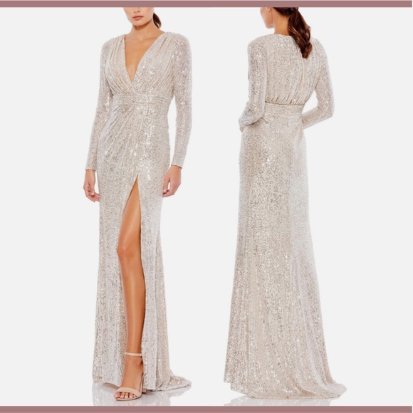 NWT $398 IEENA for Mac‎ Duggal [ 4 ] Sequin Faux Wrap Gown in Silver Nude - Picture 2 of 14